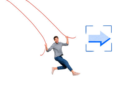 Creative collage artwork of young funky guy hanging hands strings watching pointer direction way to success isolated on white backgroundの写真素材