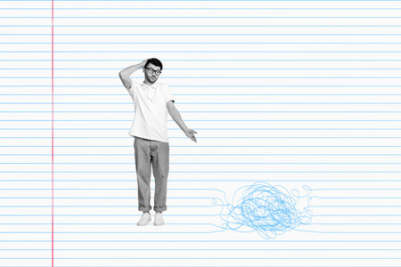 Collage photo of young funny man shrug shoulders scratch head has no ideas solving confusion isolated on striped copybook page backgroundの写真素材