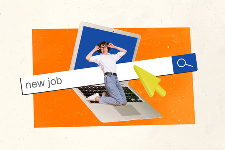 Creative abstract collage of jumping female online new work search look for job surrealism template metaphor artwork conceptの写真素材