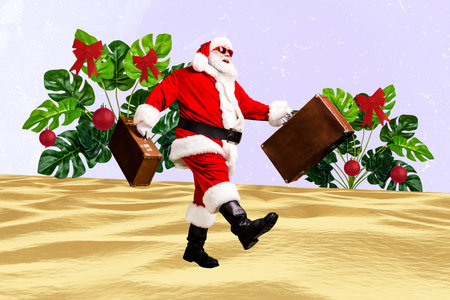 Artwork greeting card 3d collage of happy cheerful santa claus going sand seaside enjoying summer sea resort abroadの写真素材