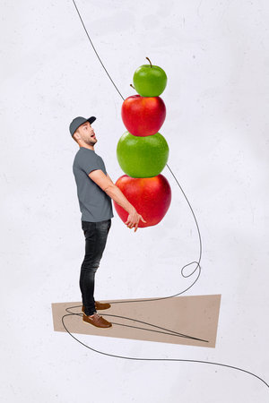 Collage photo picture of young delivery man wearing gray uniform hold pile fresh vitamins for healthy lifestyle isolated on gray backgroundの写真素材