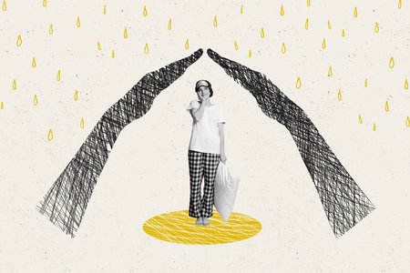 Poster collage of young lovely girl wearing nightwear wake up under protection hands safe her dreams raindrops isolated on white backgroundの写真素材