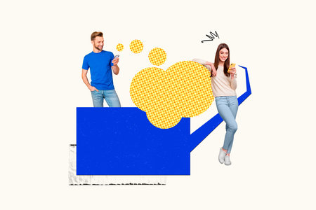 Creative collage of young family ukrainian lovers hold smartphones texting in different countries...