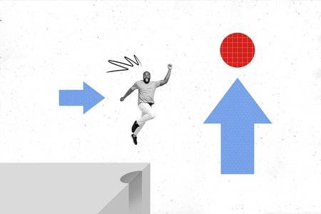 Creative artwork collage painting of purposeful guy jumping achieving aim isolated white color backgroundの写真素材