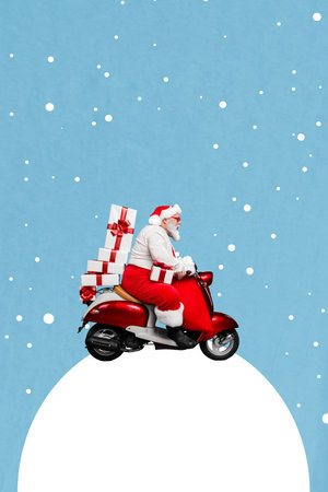 Creative abstract template collage of santa claus scooter deliver presents new year x-mas magazine sketch christmas shopping advertの写真素材