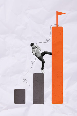 Vertical collage of young motivated successful employer man climbing upstairs progress bar diagram finish flag isolated on gray backgroundの写真素材