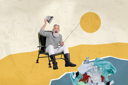 Photo illustration collage of elderly funny fisherman sitting chair catching trash in ocean to save plane ecology on drawing backgroundの写真素材