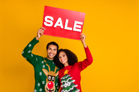 Portrait of two funny positive people arms hold sale placard card empty space isolated on yellow...