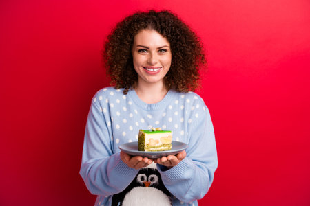 Photo of cheerful cute lady wear ugly new year pullover cooking tasty sweet dessert isolated red color backgroundの写真素材