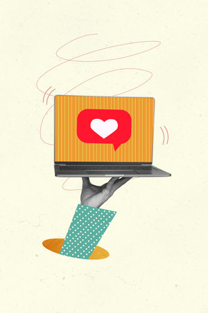 Vertical template illustration collage of laptop standing on hand with like button promoting new blog isolated on white color backgroundの写真素材