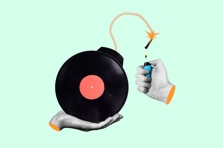 Creative collage poster banner of vinyl record bomb with huge music explosion ignite by lighterの写真素材