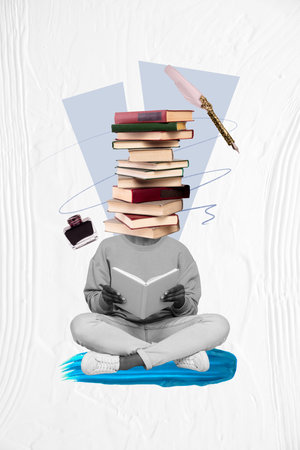 Creative retro 3d magazine collage image of smart clever guy book pile stack instead head isolated white color backgroundの写真素材