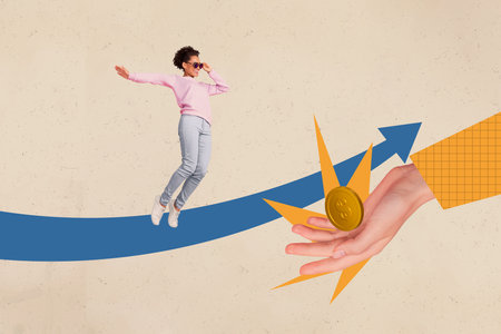 Creative abstract template collage of funny female dance hand hold golden coin banker financier earning magazine surrealism metaphorの写真素材