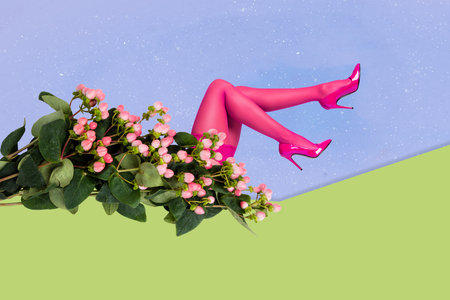3d retro abstract creative artwork template collage of sexy beautiful female high heels flowers blooming magazine surrealism metaphorの写真素材