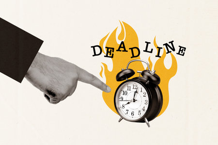 Creative artwork template collage of hand point finger clock time management deadline weird freak...