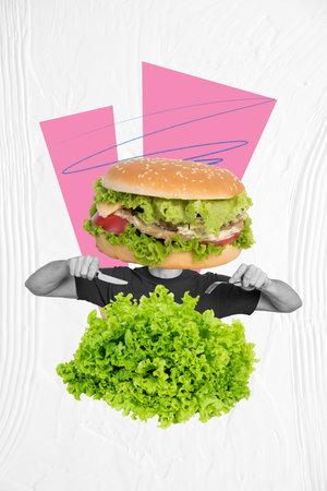 Collage 3d image pinup pop retro sketch of funny young man burger instead head eating green salad freak bizarre unusual fantasy billboardの写真素材