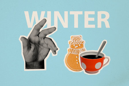 Retro magazine collage image of arm enjoying new year beverage gingerbread isolated blue color backgroundの写真素材