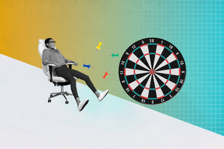 Composite collage picture image of funny female darts board target armchair sit slide slope pin up office magazine surrealism metaphorの写真素材