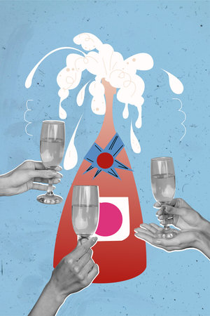Vertical collage picture of black white colors people arms hold new year champagne glass painted bottle isolated on blue backgroundの写真素材