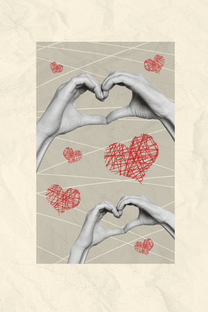 3d photo artwork graphics collage painting of arms showing heart gesture isolated beige color backgroundの写真素材