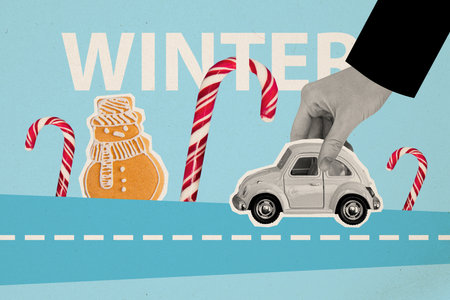 3d retro creative collage of arm playing car driving road delivering new year gifts isolated blue color backgroundの写真素材