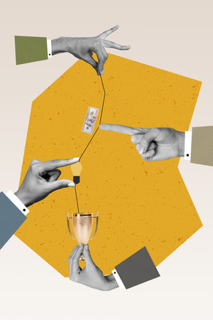 Pop retro artwork collage of success plan strategy with investing money in creativity idea for...