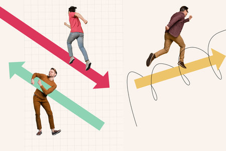 Magazine financial template collage of different people workers run fast on choose road for achieve successの写真素材