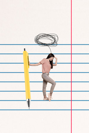 Creative artwork poster collage of girl standing over copybook page with pen think smart while writing school testの写真素材