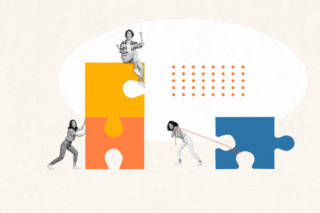 Collage artwork photo of young girls decided create startup together complete picture puzzles completed isolated on beige backgroundの写真素材