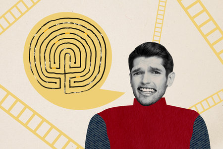 Collage graphics picture of unhappy upset guy trying find labyrinth wright way isolated painting...