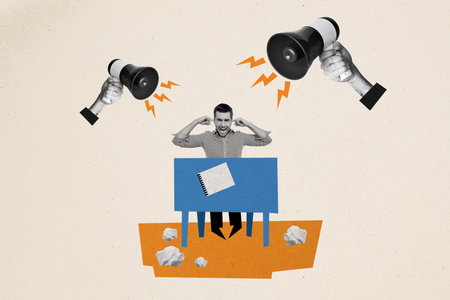 Abstract template graphics collage of stressed guy trying avoid loud bullhorn noise isolated beige color backgroundの写真素材