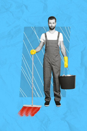 Vertical collage image of black white effect cleaning guy hold mop bucket isolated on painted paper blue backgroundの写真素材