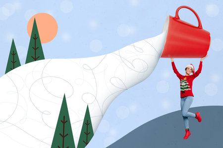 Creative composite illustration collage photo of positive beautiful girl hold big cup of milk over head isolated drawing backgroundの写真素材