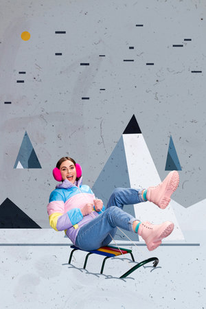 Vertical collage picture of overjoyed positive girl enjoy riding sledge down hill snowy mountains...