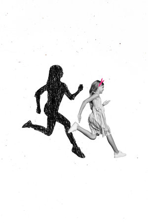 Full body collage photo of young scared schoolgirl running away escaping jumping air ignore hand drawn shadow isolated on white backgroundの写真素材