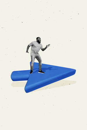 Creative magazine collage young man stand on blue arrow directing way achieve more goals searching...
