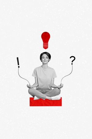 Collage 3d image of pinup pop retro sketch of young female meditate find solution electric bulb idea fantasy billboard comics zineの写真素材