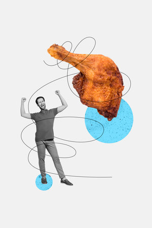 Artwork collage picture of crazy happy man gourmet eating tasty appetizing baked chicken leg isolated on drawing backgroundの写真素材