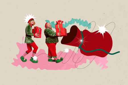 Collage image of two cheerful elf guys hold pile stack christmas giftbox put inside huge bag...