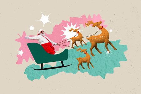 Creative poster collage of funny santa claus old man riding sledge deers delivering gifts happy merry christmas new year theme x-masの写真素材