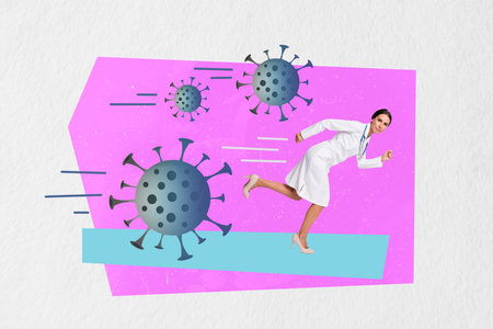 Artwork collage picture of mini doctor lady run fast big flying virus bacteria isolated on white paper backgroundの写真素材
