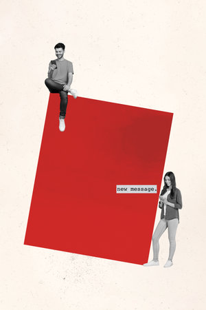 Composite collage picture image of two people communicate online network new message telephones red...