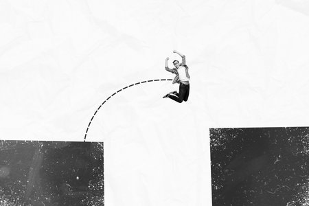 Creative trend collage of funny risky man jumping over abyss start up manager direction trading...