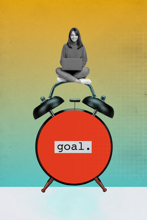 Vertical creative collage image of young female entrepreneur sit time management clock internet bizarre unusual fantasy billboard comicsの写真素材
