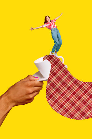 Vertical creative collage image of funny female keep balance hand hold tea coffee cup pouring...