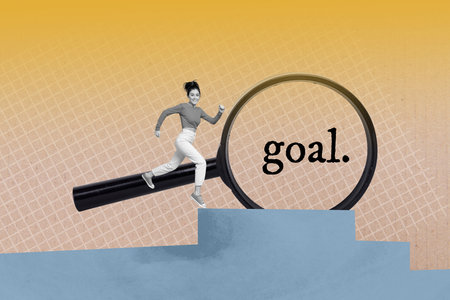 Collage of young business lady running to her goal she searching in magnifying glass enlarge targets isolated on checkered backgroundの写真素材