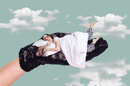 3d abstract artwork collage of happy dreamy lady sleeping black lace glove arm isolated turquoise color backgroundの写真素材