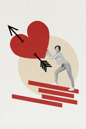 Collage 3d pinup pop retro sketch image of excited funky lady shooting heart arrow isolated white...