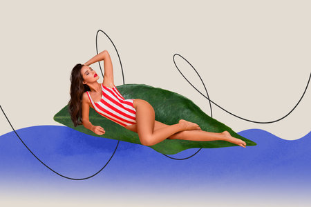 Collage pop sketch image of sexy adorable lady wear bikini sun tanning leaf shape blanket isolated painting backgroundの写真素材