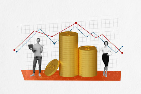 Creative abstract template collage of young female man business partners golden coins pile traders freak bizarre unusual fantasy billboardの写真素材